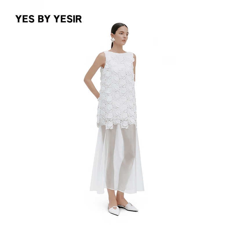 YES by YESIR 叶谦原创设计师2026年春夏新款立体玫瑰蕾丝拼接长裙 白色 L