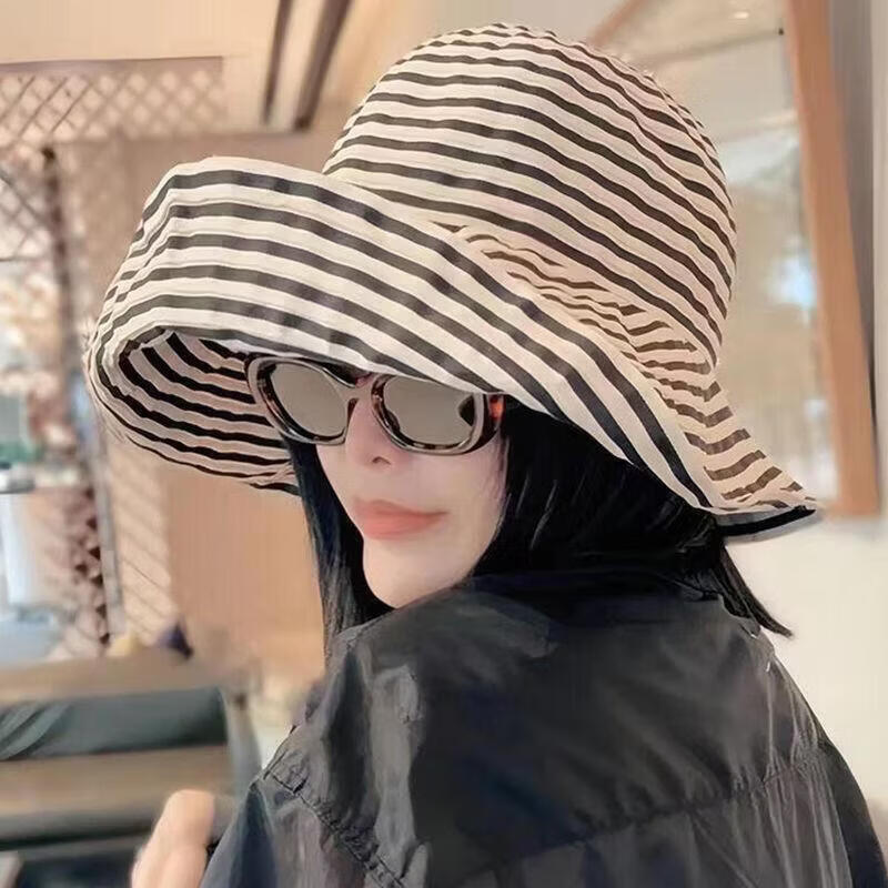 【可折叠】夏季条纹渔夫帽女新款长防晒帽子时尚盆帽大头围太阳帽 黑白条纹帽 均码 送防风绳【56-59cm】
