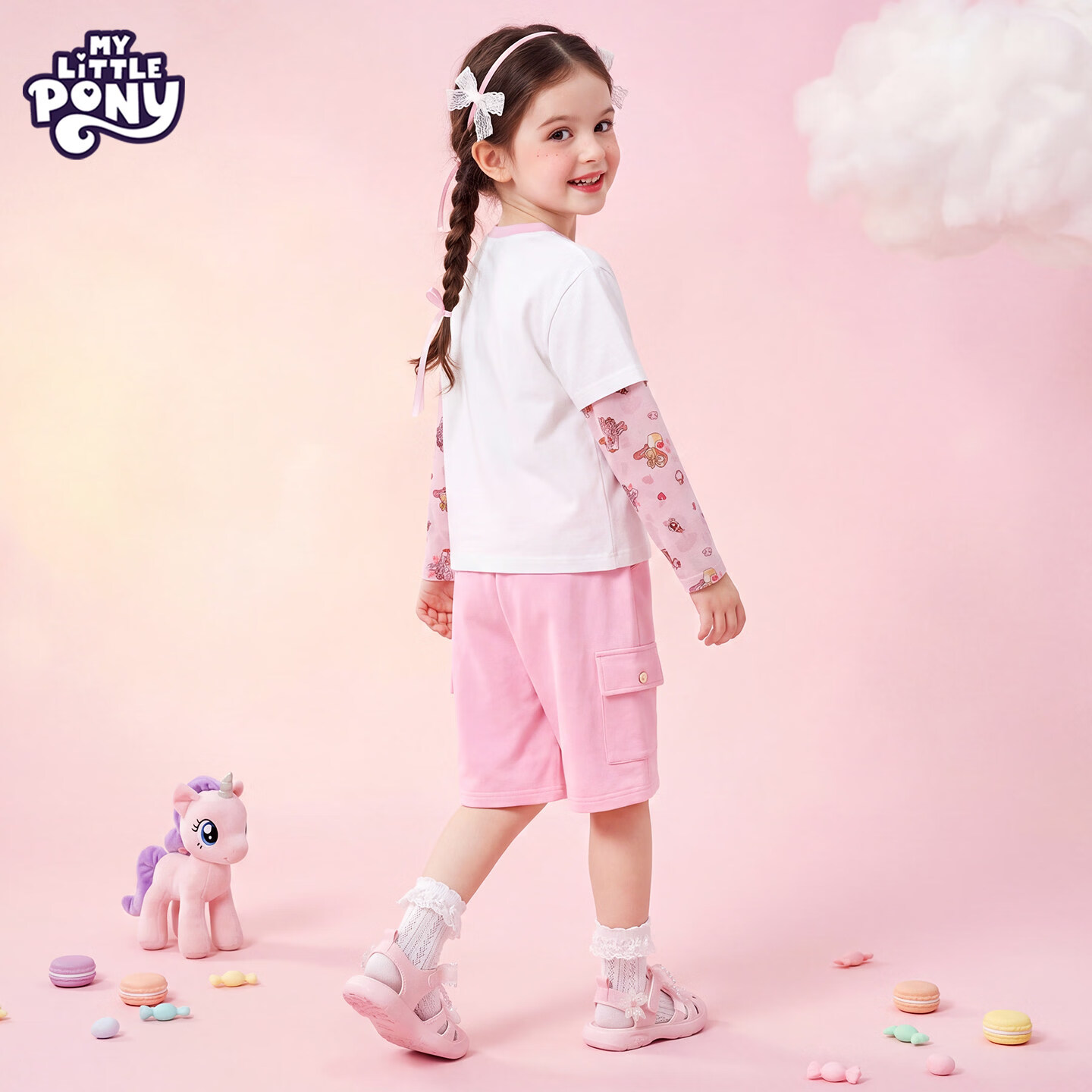 小马宝莉（MY LITTLE PONY）2026夏季新款女童套装中大童长袖t恤短裤元气多巴胺套装 夏日多巴胺长袖短裤套装粉色 140 140cm