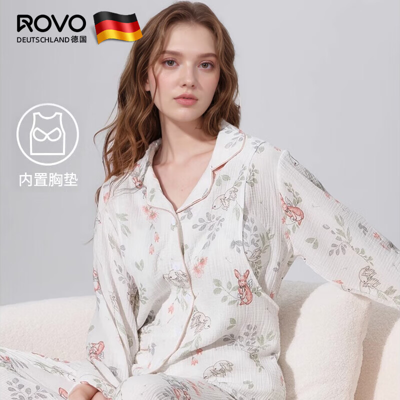 ROVO纯棉孕妇月子服睡衣产后哺乳纯棉开衫套装喂奶专用居家服 天使兔【带胸垫】 M(适合于95-120斤)