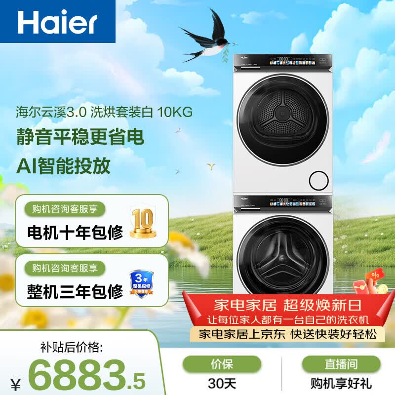 海尔（Haier）云溪3.0 滚筒洗烘套装白色 10KG 全自动洗衣机+双擎热泵烘干机 家电补贴京东自营 583W+583W