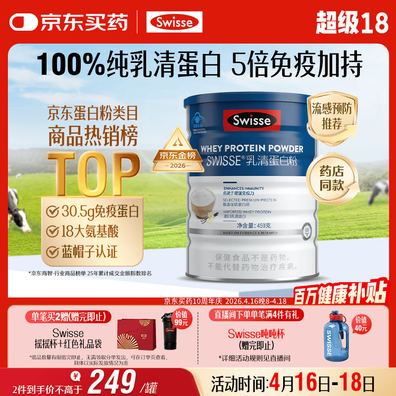 Swisse斯维诗蓝帽乳清蛋白粉450g 中老年增强免疫力术后营养 药店同款