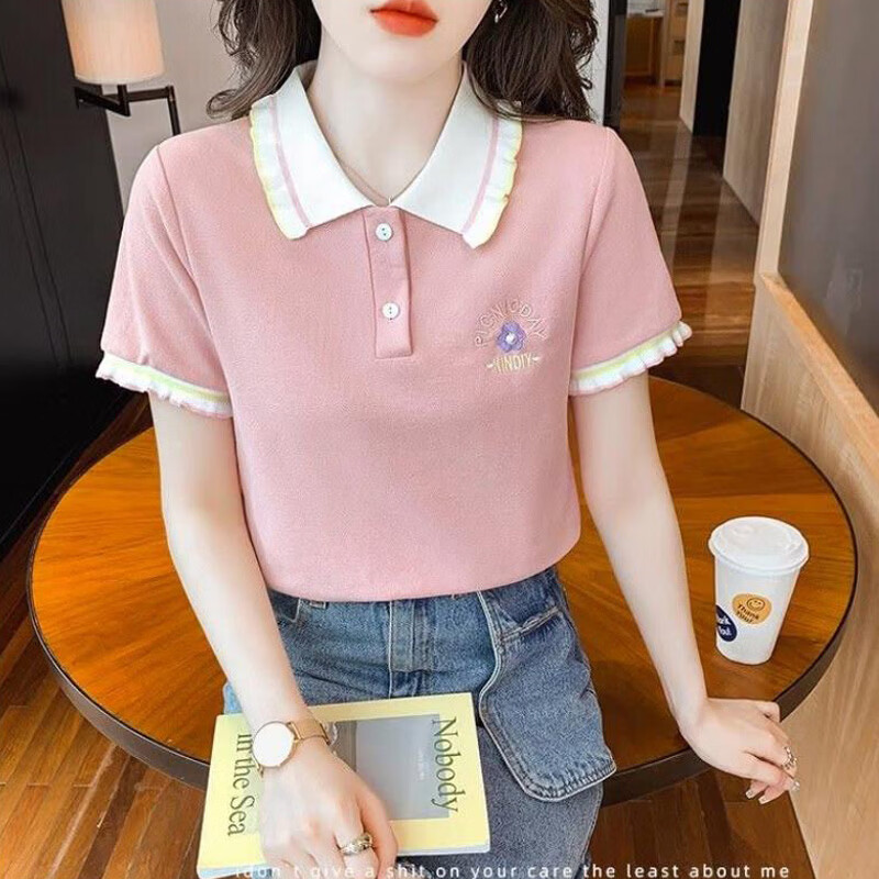 蝴蝶曼Polo衫娃娃领钉珠短袖t恤女2026夏季新款针织字母刺绣减龄上衣 粉色 均码 【建议110斤以下穿】