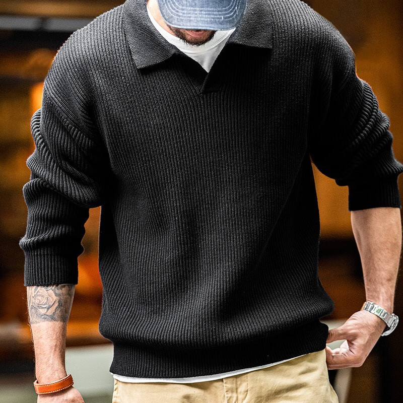 马登工装美式复古海鸥领polo衫宽松慵懒男士套头毛衣秋冬坑条针织衫男 黑色 【v领毛衣男/高级感毛线衣/男士冬季打底衫】 2XL