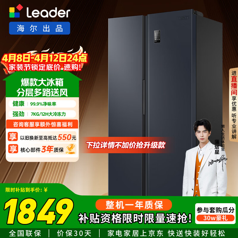 统帅（Leader）海尔智家出品538升风冷一级能效变频对开门双开门家用超大容量电冰箱BCD-538WGLSSEDBX国家补贴