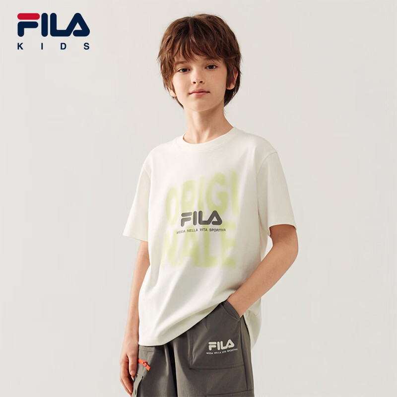 FILA斐乐儿童童装短袖T恤2026夏季新款男中大童宽松圆领休闲上衣 云菇白-WT 165