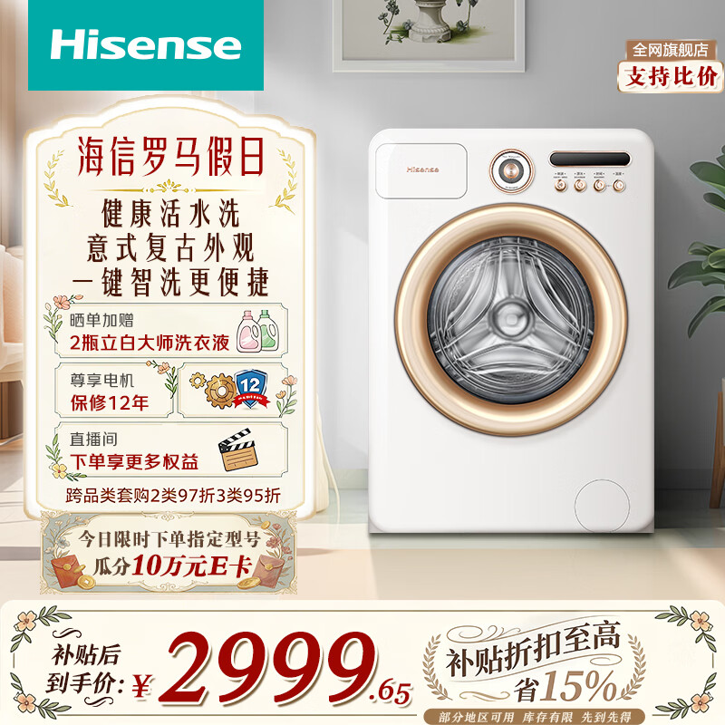 海信（Hisense）罗马假日全自动滚筒单洗洗衣机 10KG超薄家用大容量 健康活水洗WG100R4以旧换新家电补贴 京东自营