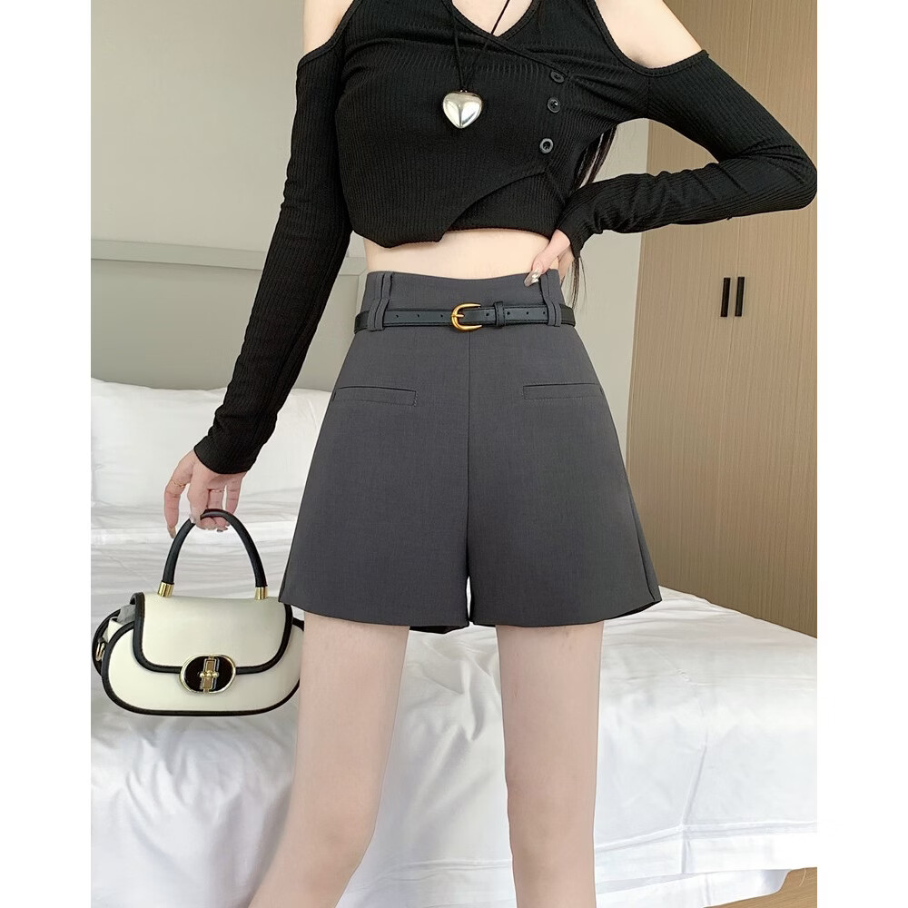 蝴蝶曼黑色西装短裤女2026新款春夏季高腰外穿A字百搭显瘦阔腿休闲裤子 黑色 【不含腰带】 XL
