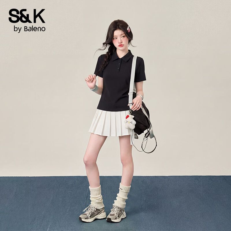 班尼路S&amp;K短袖polo衫女夏季珠地透气亲肤面料潮流休闲运动上衣服正肩t恤 黑#纯色 L