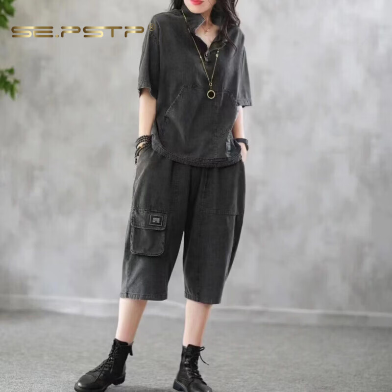 夏典素订女王(SE.PSTP)大码女装夏季牛仔套装宽松显瘦短袖减龄MM六分舒适通勤两件装潮流 蓝色套装 L 建议(120-140斤