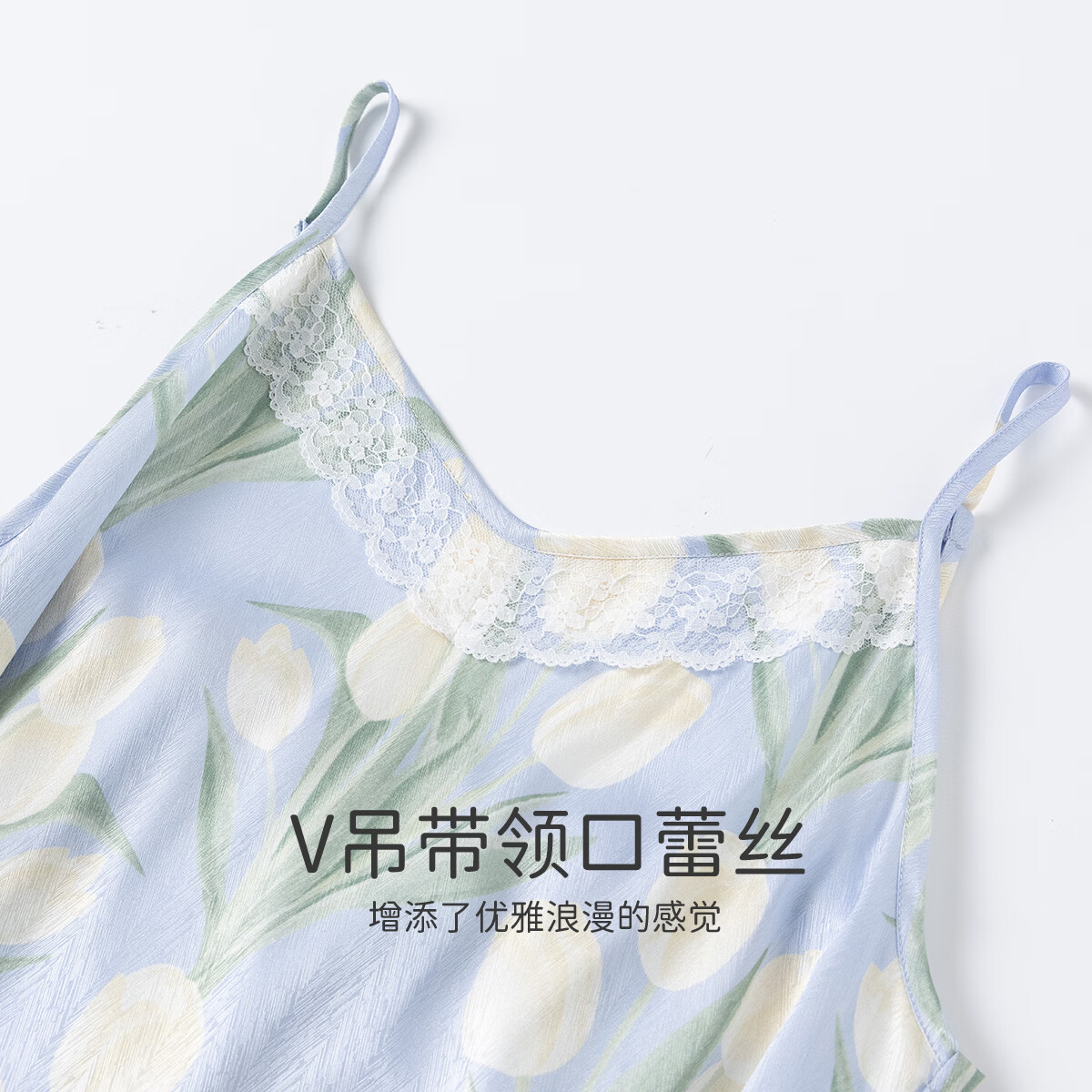 顶瓜瓜【浪漫郁金香 仿真丝睡裙&浴袍】女士柔滑垂顺浴袍两件套睡袍女 蓝底郁金香 2XL (175)