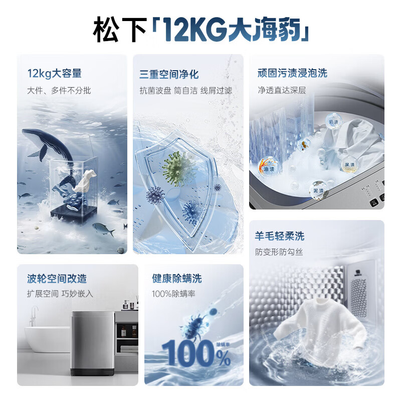 松下(Panasonic)大海豹波轮洗衣机12公斤大容量全自动家用抗菌除螨羊毛轻柔洗超大放衣口智洗省水省电 XQB120-8KN1 波轮 12kg