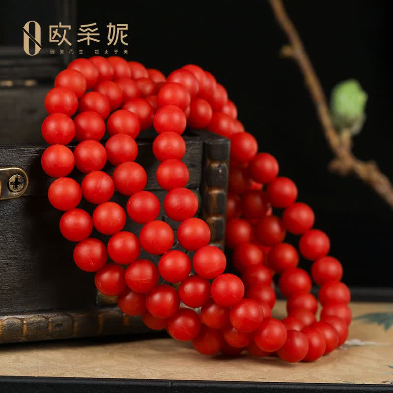 欧采妮(OUCERNY)保山南红手串奢藏级108颗玛瑙多圈手链佛珠柿子红满肉男女士款 9mm