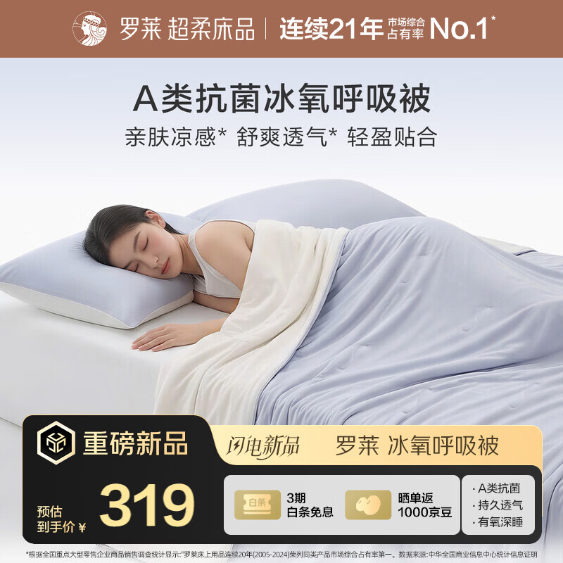 罗莱家纺 A类抗菌凉感夏被 冰氧深睡空调被可水洗 蓝色 200*230cm