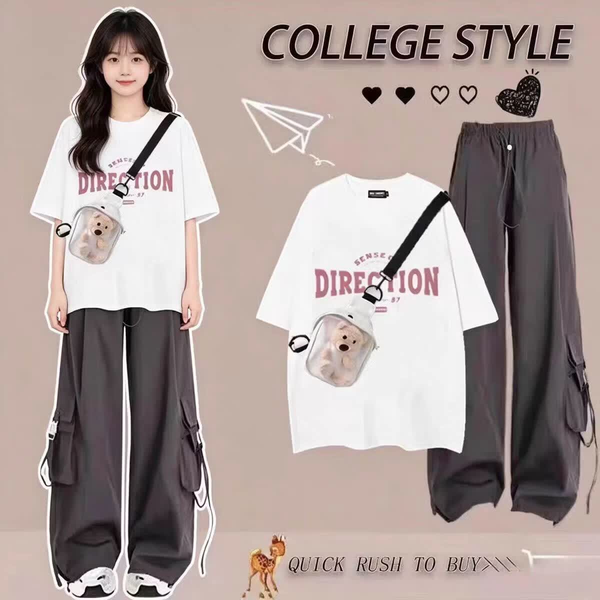 欧颖慕女童衣服初高中生夏季新款运动套装时尚女童套装夏季女孩短袖宽松 白色短袖+粉色工装裤【两件套】-无包包 155 （S）码【建议75-90斤】