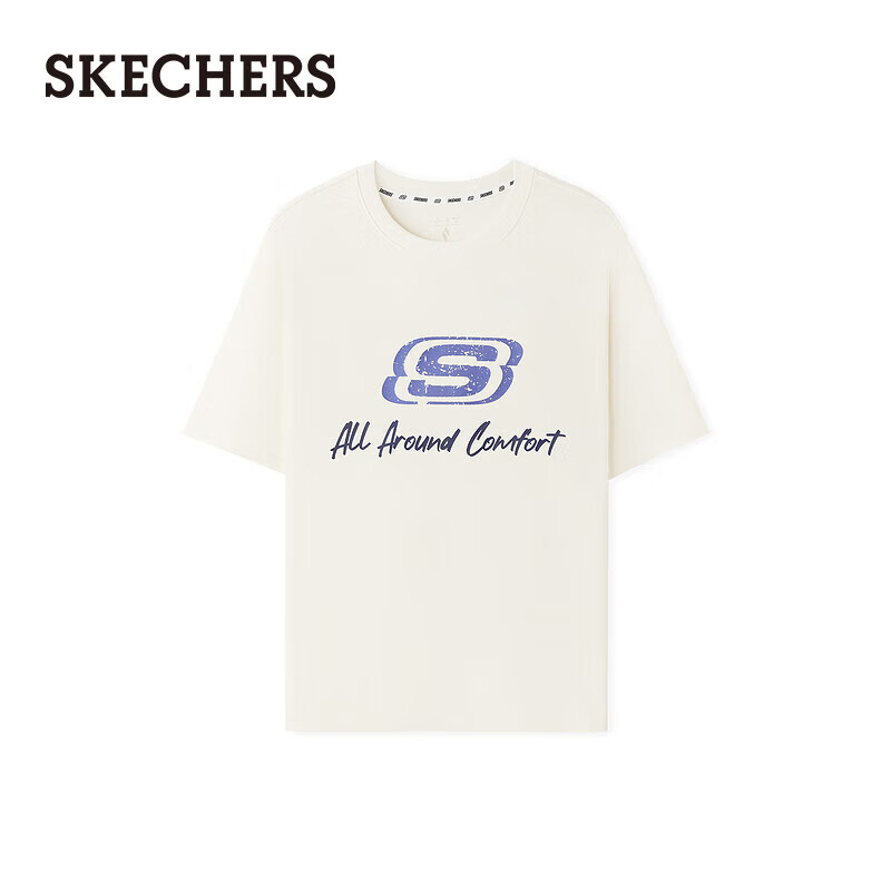 斯凯奇（Skechers）新款男女同款字母印花针织短袖T恤衫打底衫L225U129 棉花糖白/0074 M