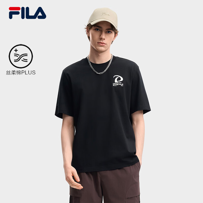 FILA 斐乐官方男子针织短袖衫2026夏新款休闲纯棉T恤简约宽松上衣 正黑色-BK XL 180/100A/XL