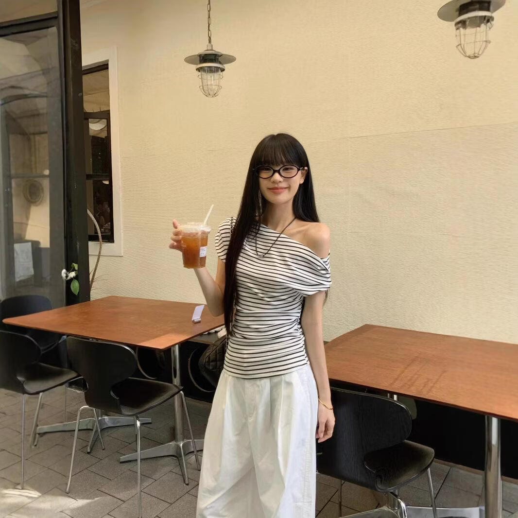 【源头直采】条纹露肩斜领短袖T恤女辣妹纯欲风显瘦气质女装上衣 条纹 XL