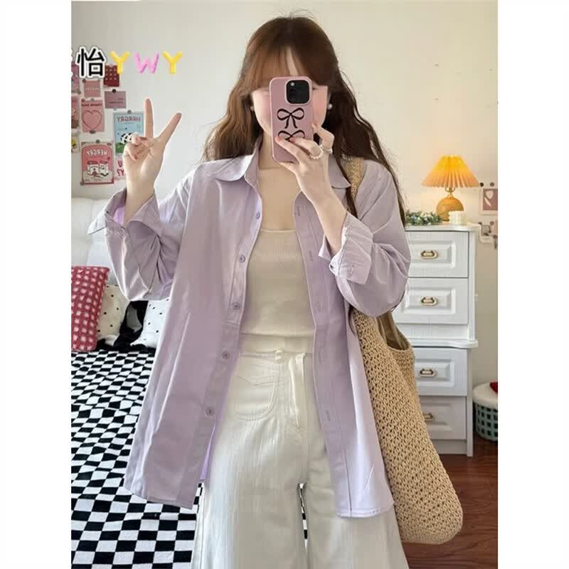 100%纯棉甜美显白浅紫色衬衫女衣外套百搭气质休闲上衣开衫 克莱因蓝色 有口袋 508 S