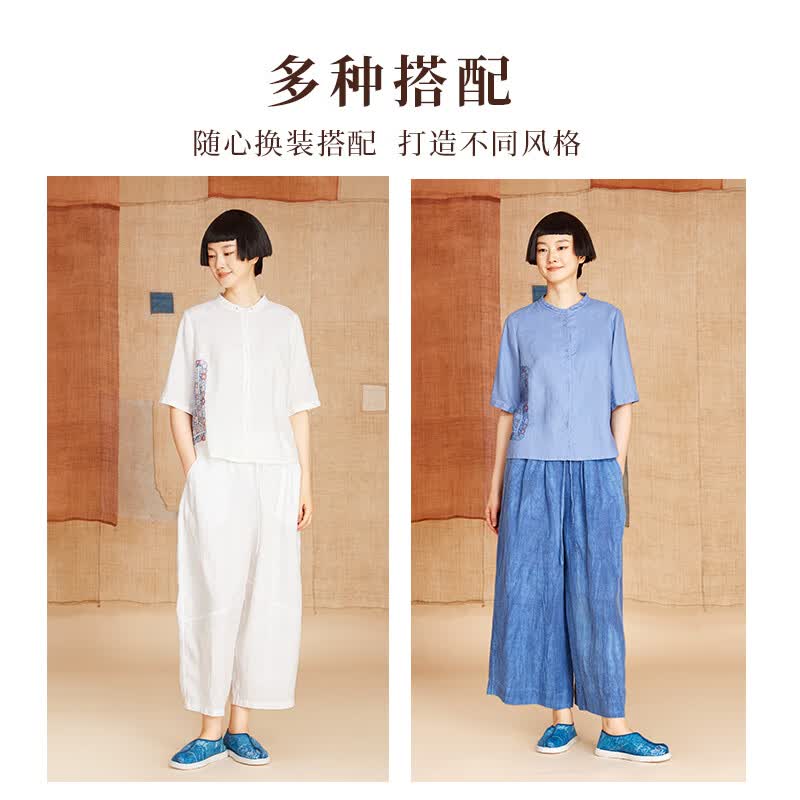 指间沙2026夏季新款亚麻五分袖衬衫女印花显瘦文艺亚麻开衫上衣21102 素白79 S