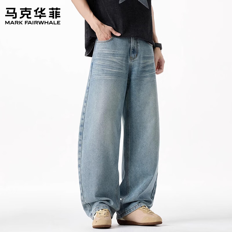 马克华菲(MARK FAIRWHALE)美式复古莱赛尔天丝高街弯刀牛仔裤男2026秋季潮流宽松水洗阔腿裤 蓝色 【春季新品】 30 【建议120-130斤】