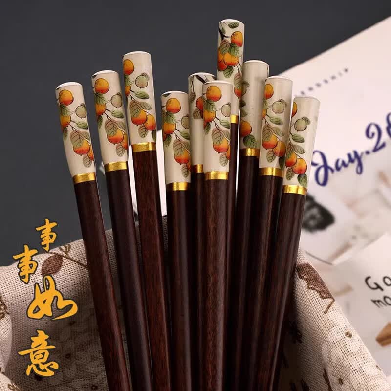 新款事事如意筷子中式过新年家用高档耐高温实木筷子 红檀木筷子-24cm-5双