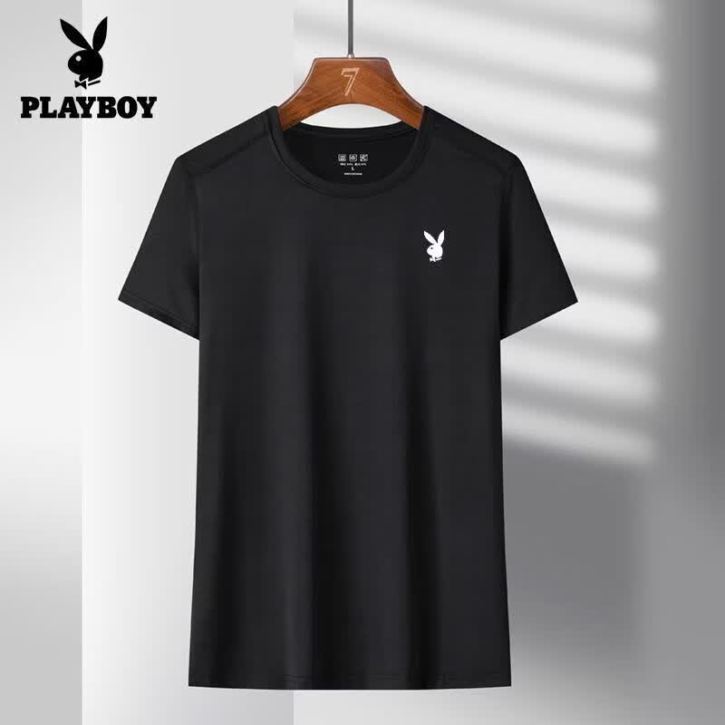 花花公子(PLAYBOY)冰丝男士短袖夏季新款速干t恤宽松健身上衣休闲透气衣服 白色+黑色 M 85-110斤