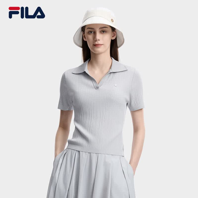 FILA 斐乐官方女子编织衫2026夏季新款时尚休闲简约修身短袖上衣 山岩灰-GY 2XL 180/96A/XXL