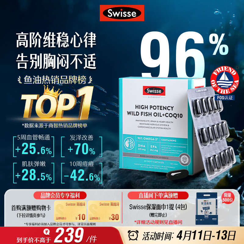 Swisse斯维诗 96%高纯度深海鱼油辅酶Q10软胶囊 黑绷带鱼油60粒熬夜常备