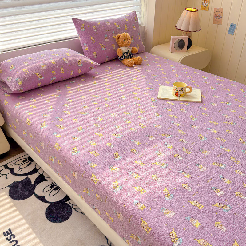 雅鹿A类双层纱床笠床罩单件席梦思床垫保护套罩宿舍全包床单四季通用 星星玩偶紫【A类面料 软糯松软】 150x200cm-单床笠