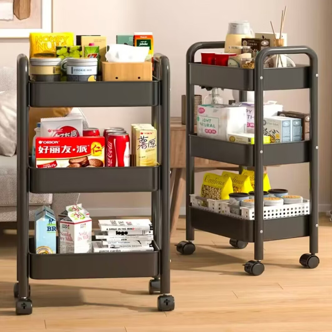 简友探家用多用途可移动杂物收纳置物架 大学生宿舍必备收纳置物架 碳钢小推车 3层 41*29.5*73cm 黑色 1个