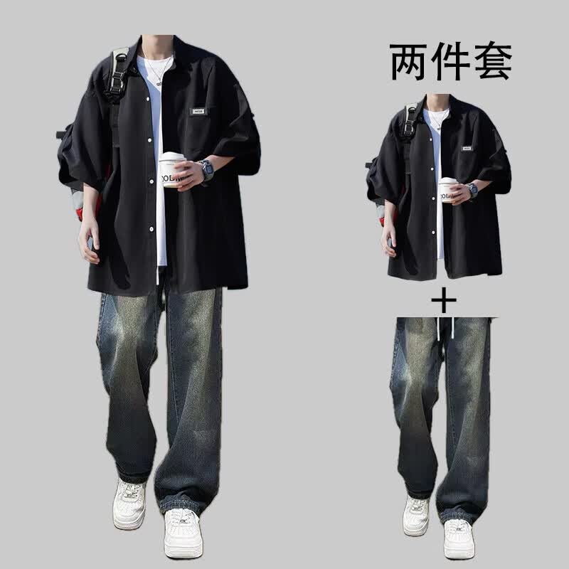 狄保特贴标冰丝短袖衬衫套装男一套搭配夏季宽松凉感休闲衬衣工装外套  黑色衬衫+蓝色牛仔裤-XL-33