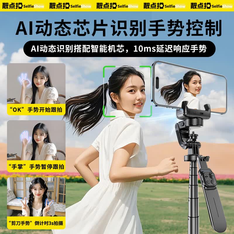靓点拍自拍杆人脸追踪AI全自动云台跟拍神器防抖稳定器三脚架手机 "Q18【黑色】0.7米铝合金杆*美颜补光灯*智能防"