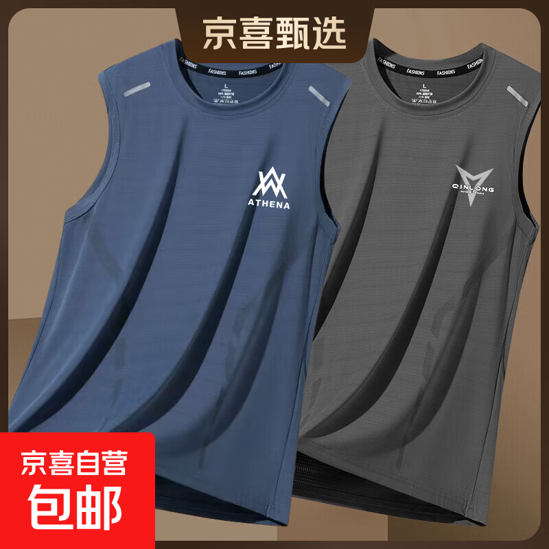 夏季健身无袖冰丝背心男速干宽松大码T恤跑步篮球运动训练坎肩-SL WA蓝+三角灰【二件装】 5XL  【建议180-200斤】