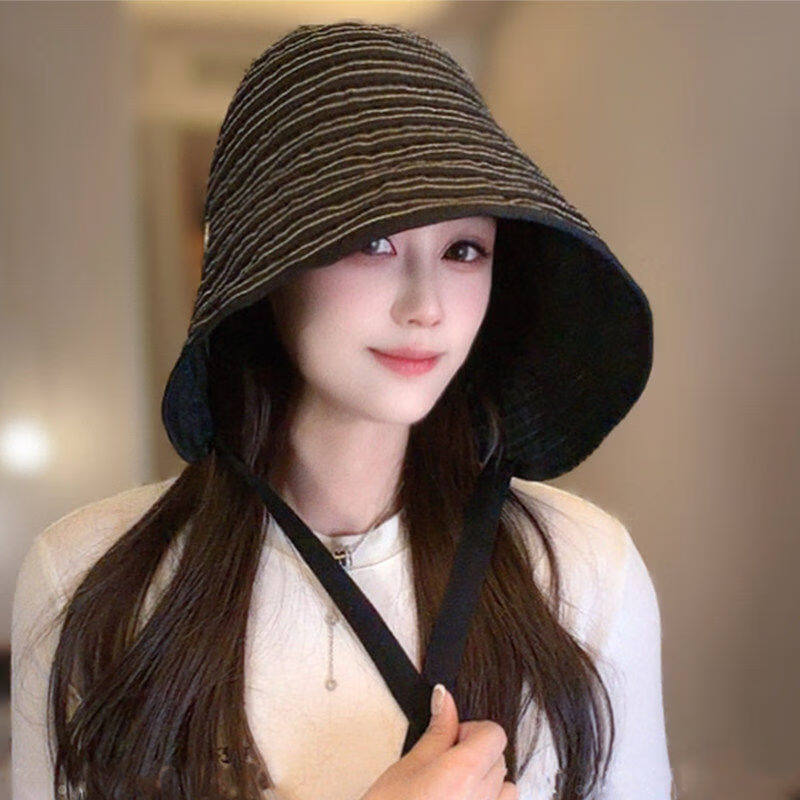 【轻奢品质】防晒遮阳帽女夏条纹渔夫帽户外显脸小太阳帽时尚 黑色【条纹系带款】