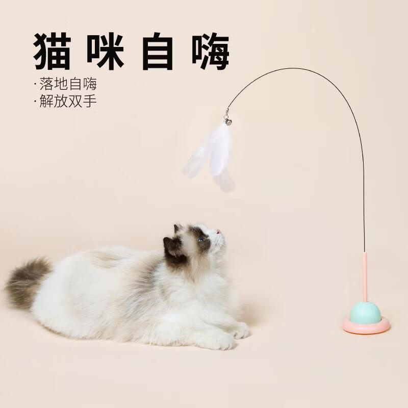 吸盘逗猫棒钢丝羽毛替换头耐咬可拆专用宠物猫咪自嗨玩具批发 橙蓝色