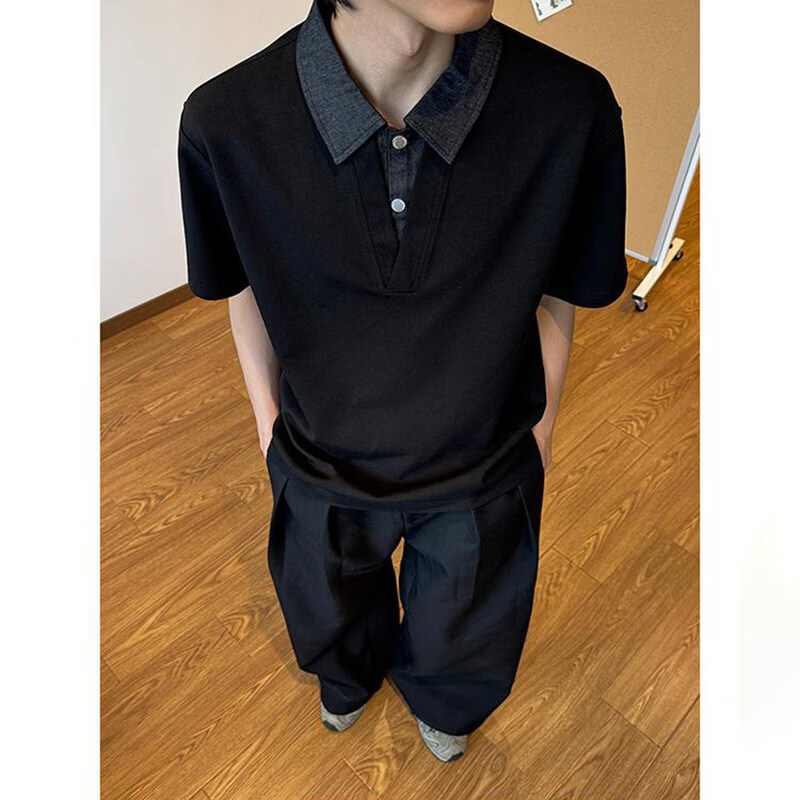 举风假两件polo衫短袖t恤男夏季痞帅高级感翻领衬衫cleanfit正肩半袖 黑色 薄款 XL