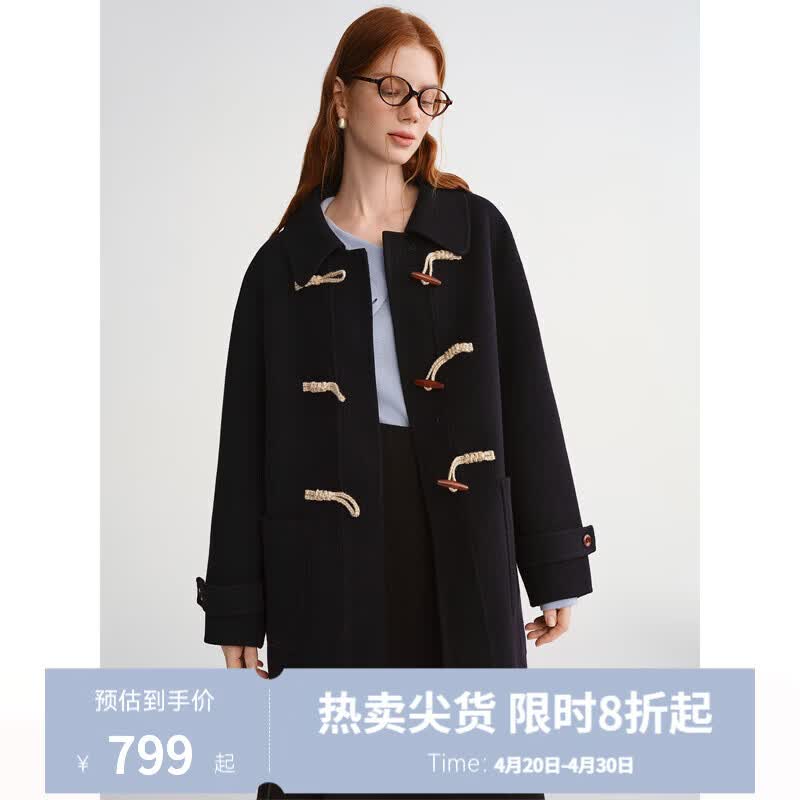 独束大码女装【薄荷生巧】一手长牛角扣羊毛呢大衣中长款毛呢外套 午夜蓝（短款） L （尺码：2） 适合120-145斤