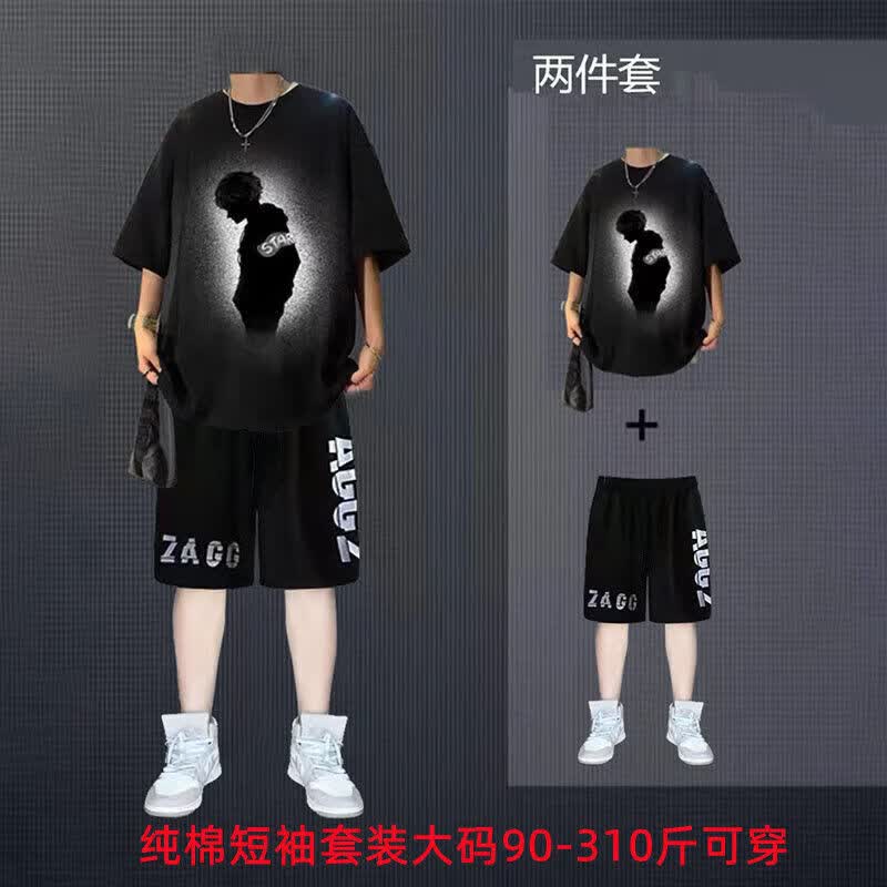 狄保特纯棉大码五分袖短裤套装男夏季港风学生休闲两件套宽松男装恤一套 短袖套装黑色DZ165 S 80-100斤