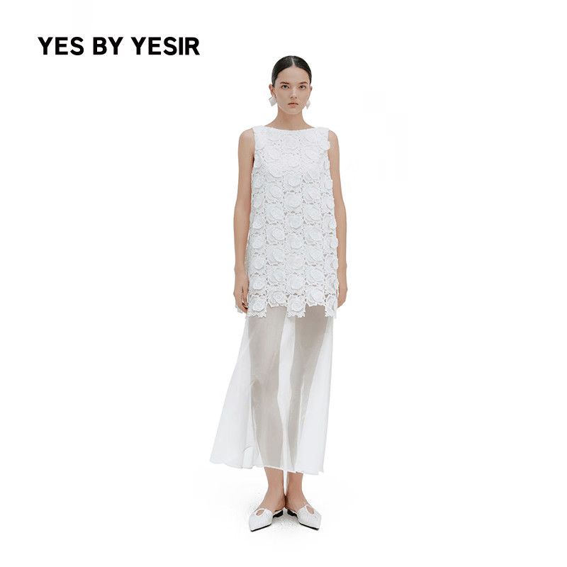 YES by YESIR 叶谦原创设计师2026年春夏新款立体玫瑰蕾丝拼接长裙 白色 L