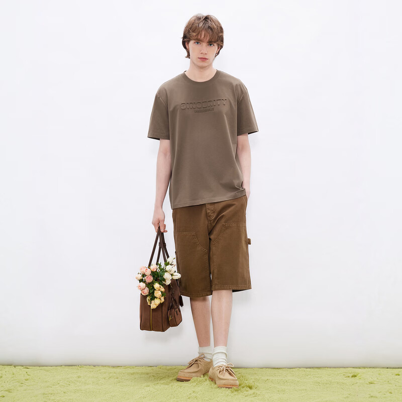 gxgjeans男装 凉感多色简约立体压印字母宽松圆领短袖T恤 26夏新品 复古棕 L (175)