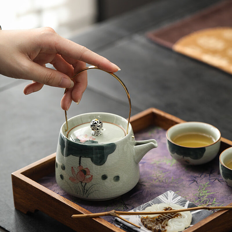 UNBO尊品精铸哥窑手绘家用中式功夫茶具套组高端陶瓷泡茶壶茶杯整 手绘哥窑-提梁壶-山水套 16件
