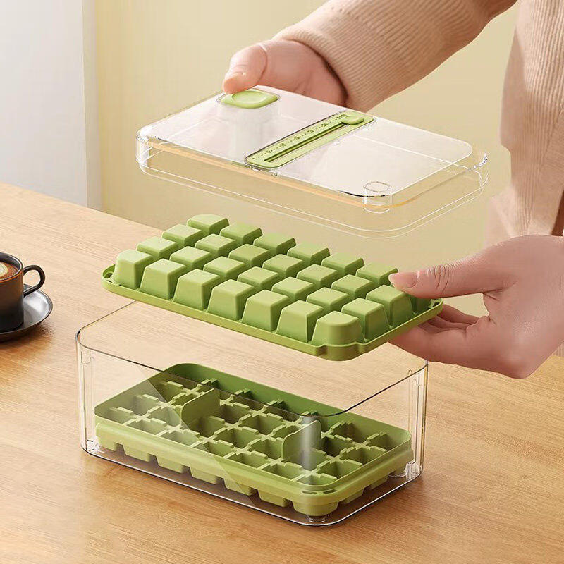 易思迪按压冰格制冰机带盖制冰模具盒冻冰块神器家用冰块模具 果绿-双层56格1秒出冰送冰铲