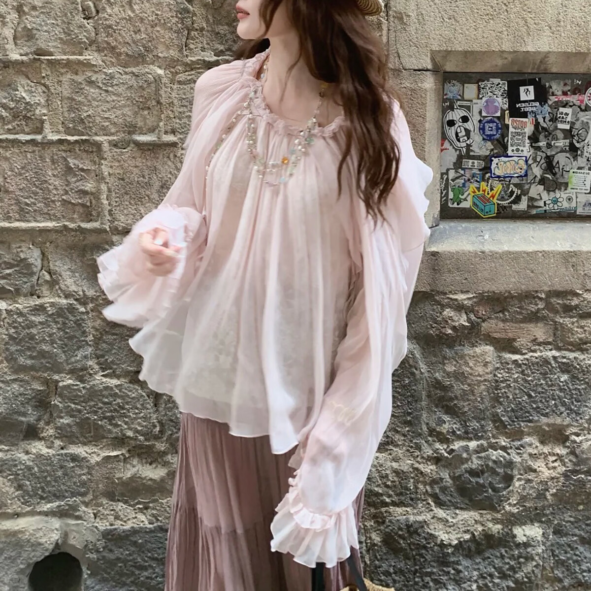 2026春 法式粉色蕾丝边女长袖人丝上衣 粉色上衣 L