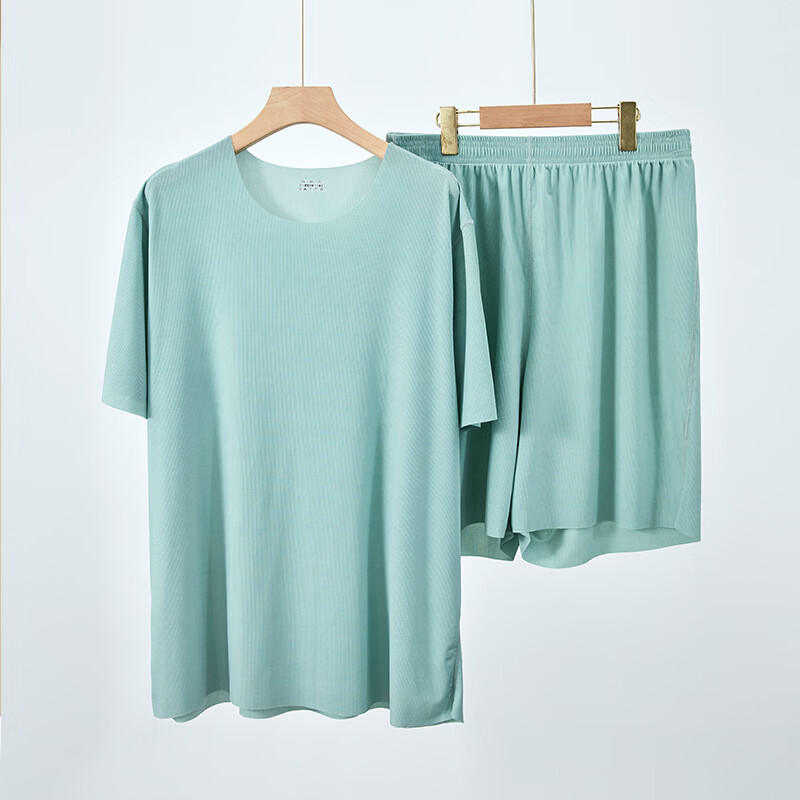 有只绵男士套装家居服女士短裤无痕冰丝打底夏季高弹休闲套装圆领 男士家居服-绿色 XL