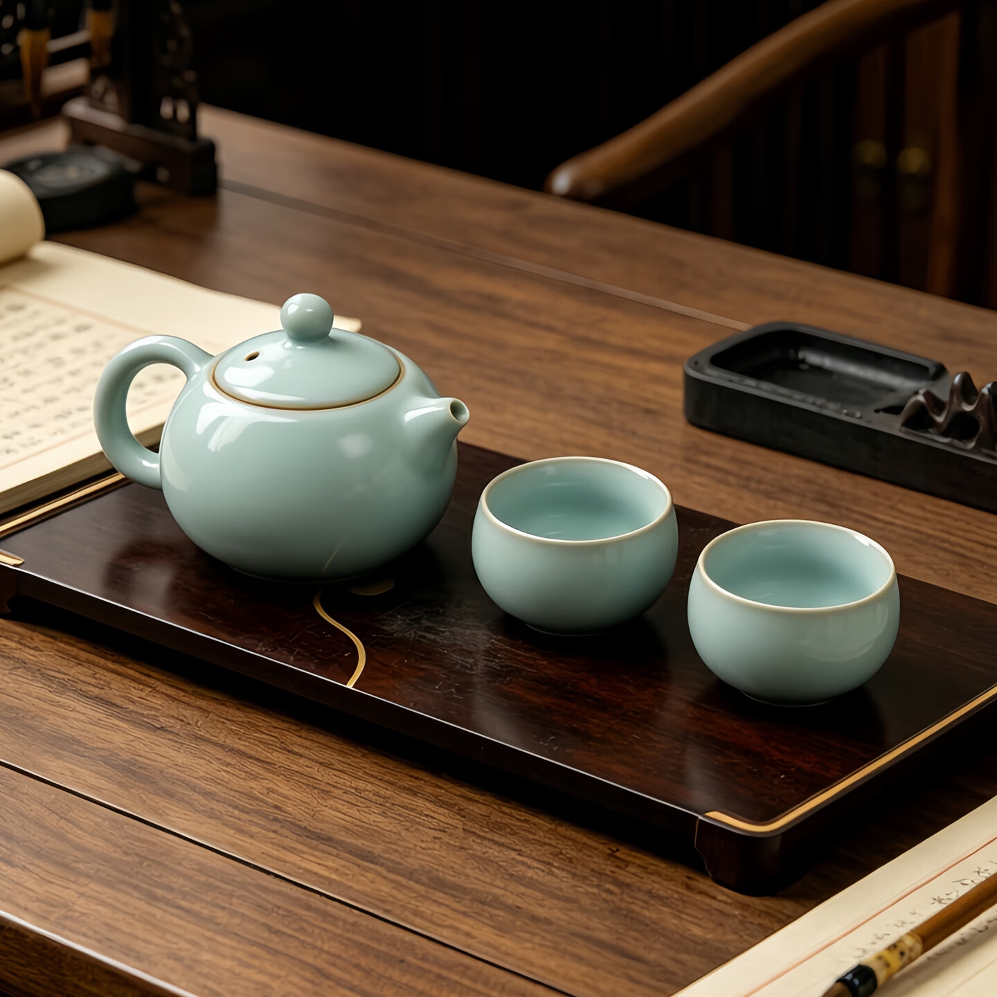 汝誉天下汝窑茶具茶壶西施壶井栏壶汝州汝瓷天青色冰裂纹功夫茶具礼盒套装 西施壶1壶二杯 220ml