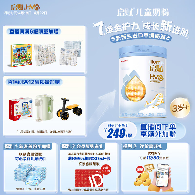 惠氏（Wyeth）【全新7维进阶】启赋蓝钻4段 HMO儿童成长奶粉810g