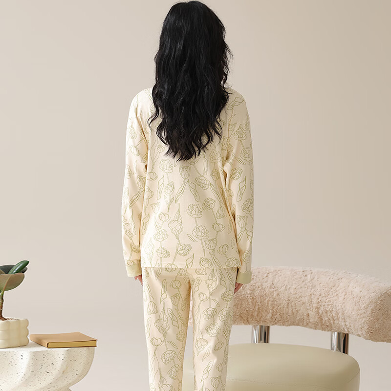 ROVO月子服产妇夏季薄款孕妇装产后睡衣套装居家服夏季薄款带胸垫 浅绿印花 XL