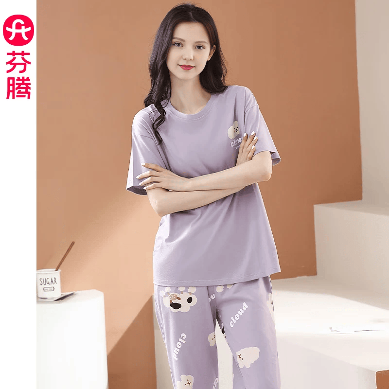 芬腾睡衣女士纯棉夏季薄款短袖七分裤休闲夏天清新熊猫家居服套装 FX25290214香芋紫 2XL 建议145-160斤 京东折扣/优惠券