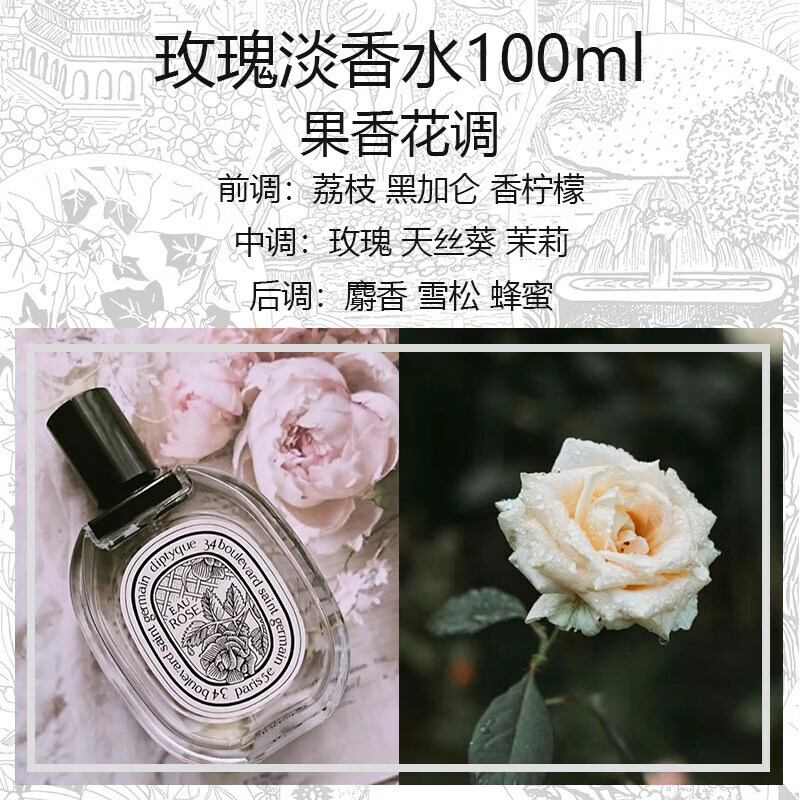 蒂普提克（Diptyque）香水杜桑檀道影中水无花果感官玫瑰之水淡情人节礼物送女朋友 玫瑰之水  【淡香】 50ml